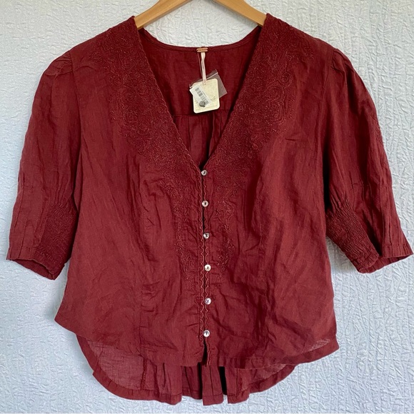 Free People NEW Embroidered Laurie short sleeve Blouse - Picture 5 of 16